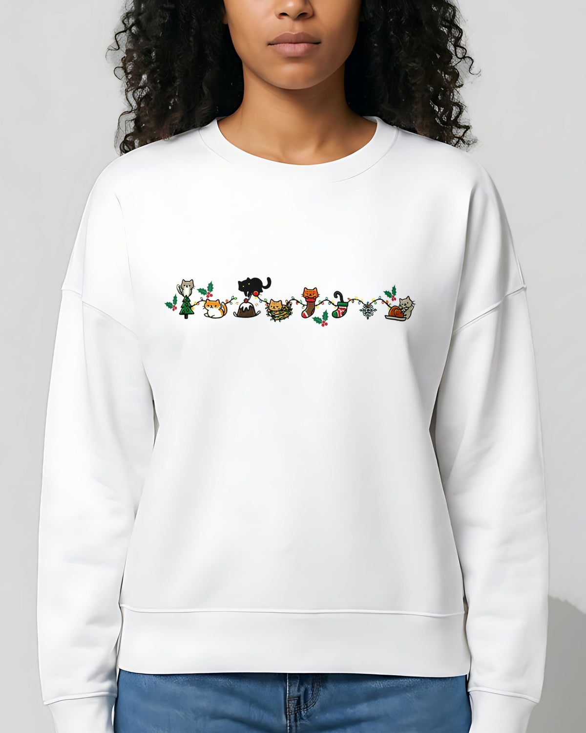 Cozy Catty Christmas women's organic sweatshirt in White, worn, front view