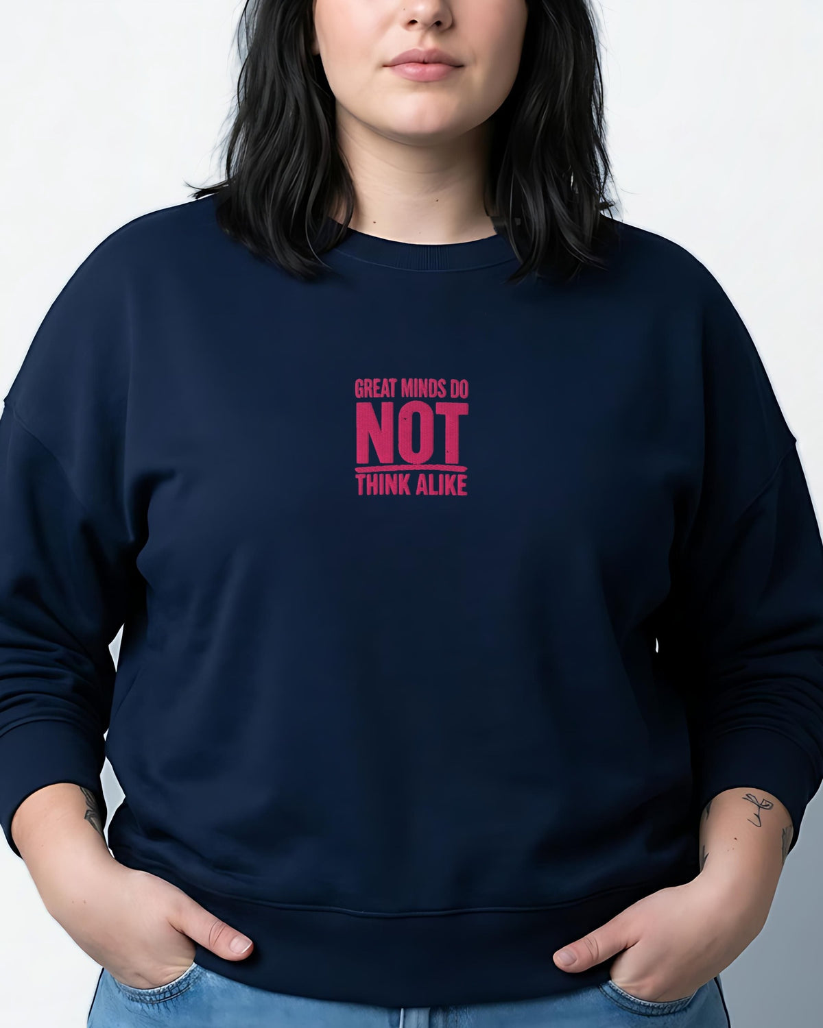 Great Minds embroidered women's organic sweatshirt in French Navy, worn, front view
