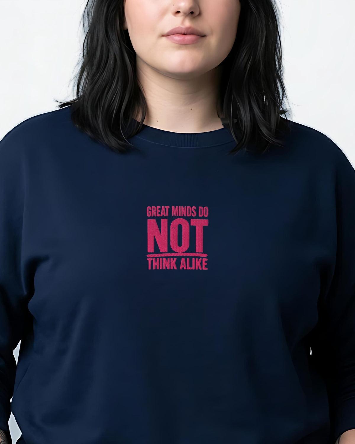 Great Minds embroidered women's organic sweatshirt in French Navy, worn, close-up of the front design