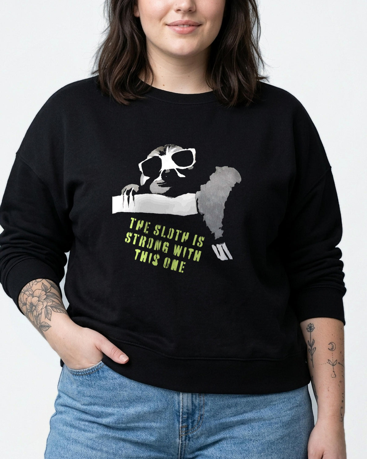 The Sloth is Strong women's organic sweatshirt in Black, worn, front view