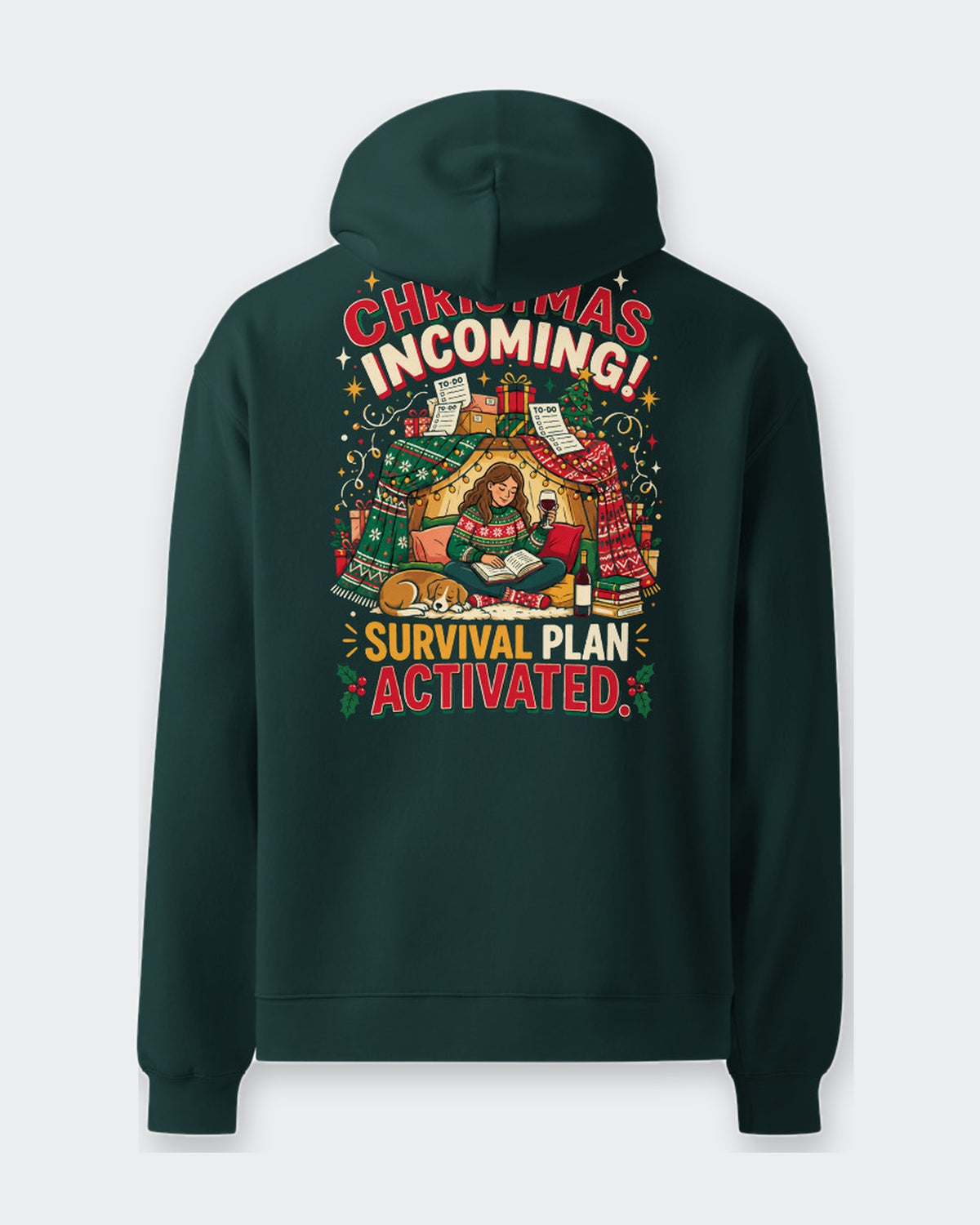 Christmas Incoming! oversized hoodie in Pine Green, flat back view, full-size back print