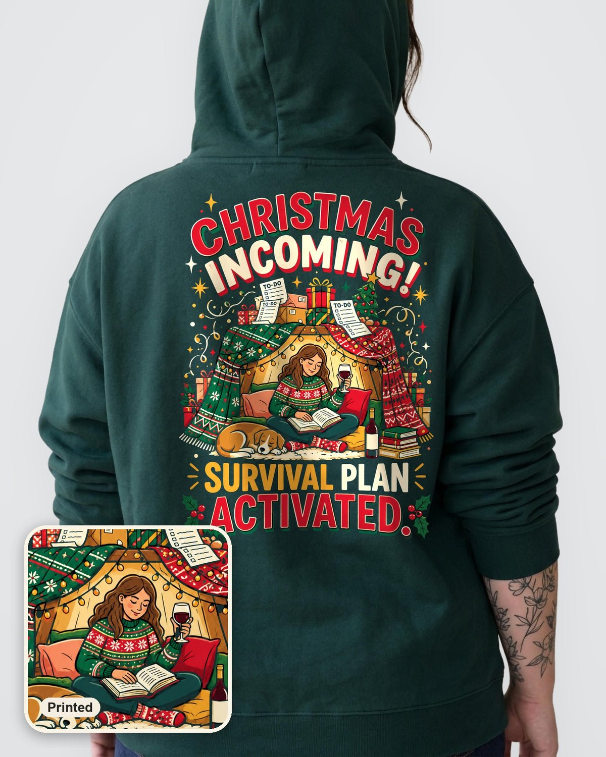 Christmas Incoming! oversized hoodie in Pine Green, worn, back view, full-size back print, with a close-up showing the design is printed