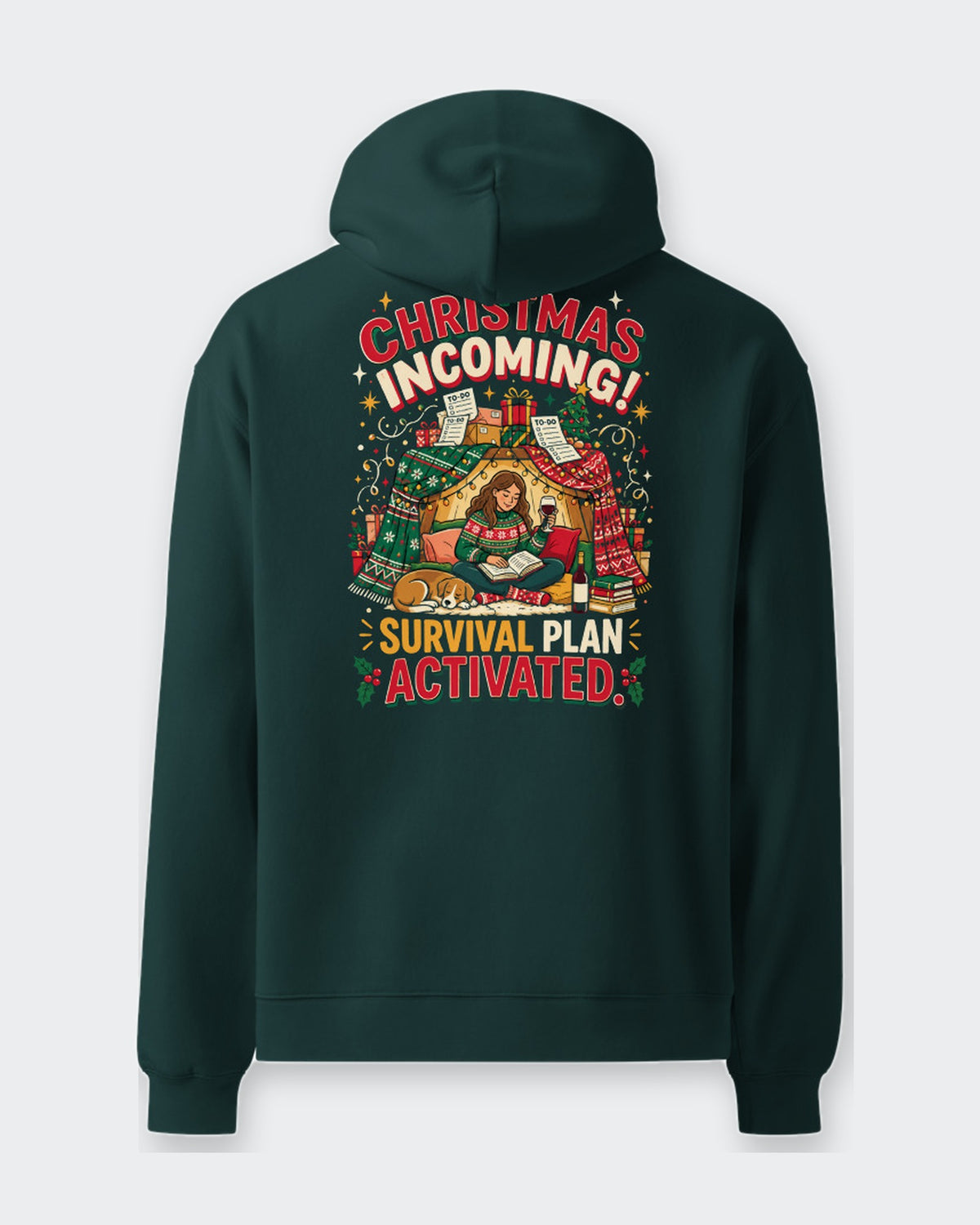 Christmas Incoming! oversized hoodie in Pine Green, flat back view of the printed design
