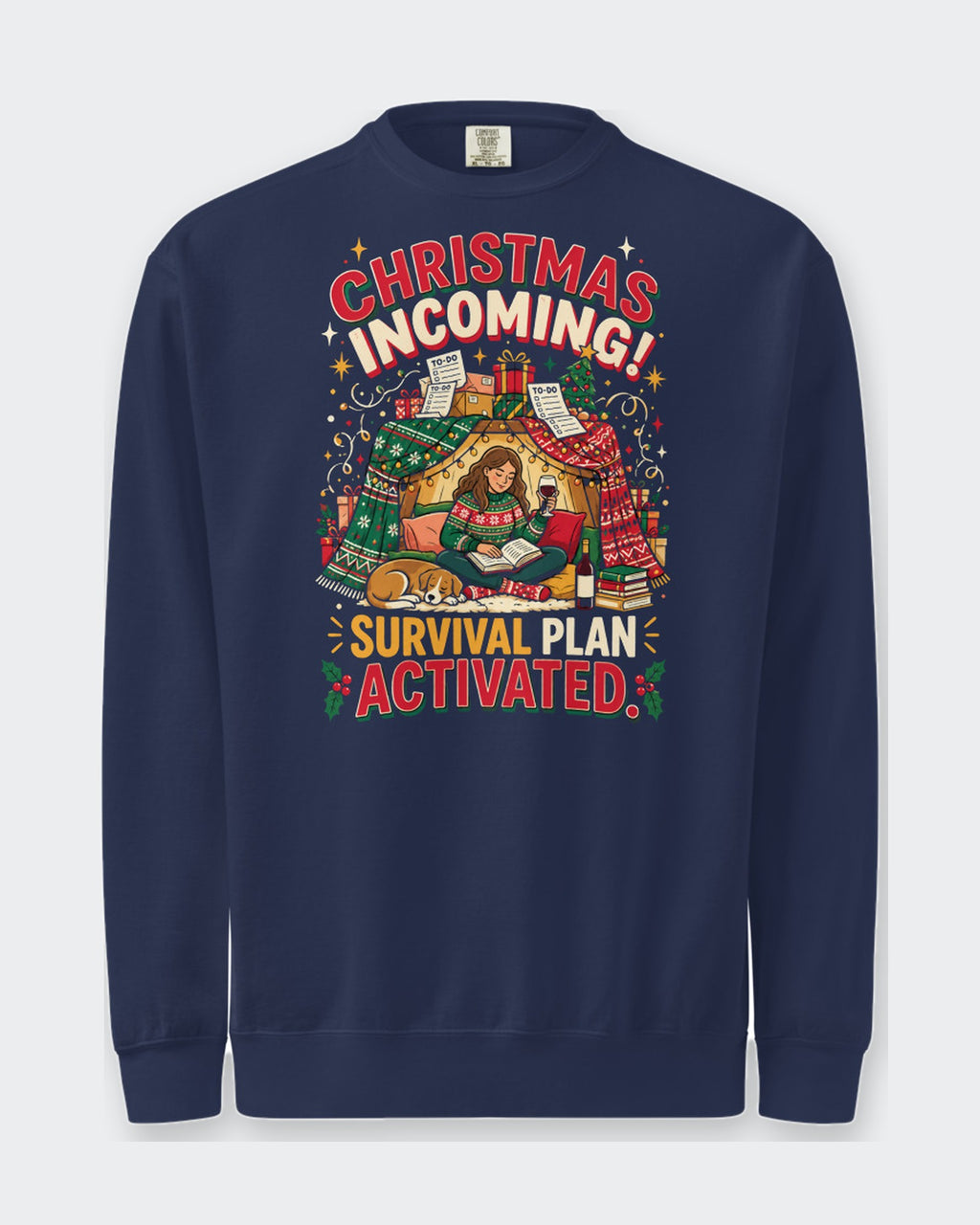 Christmas Incoming: Survival Plan Activated sweatshirt in True Navy, flat front view of the printed design