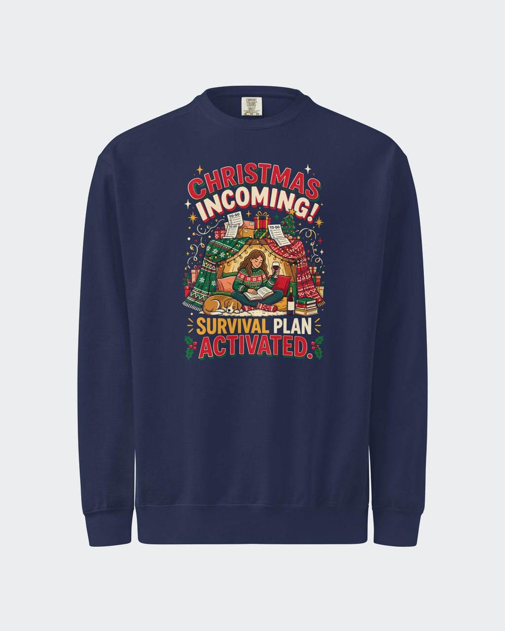 Christmas Incoming: Survival Plan Activated sweatshirt in True Navy, flat front view of the printed design