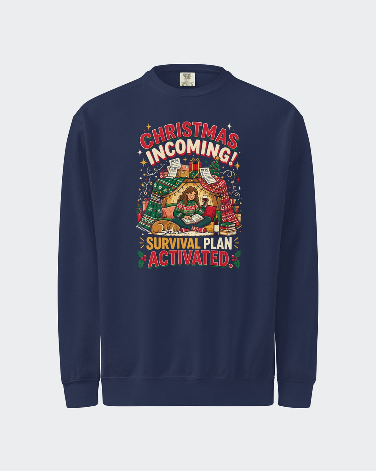Christmas Incoming: Survival Plan Activated sweatshirt in True Navy, flat front view of the printed design