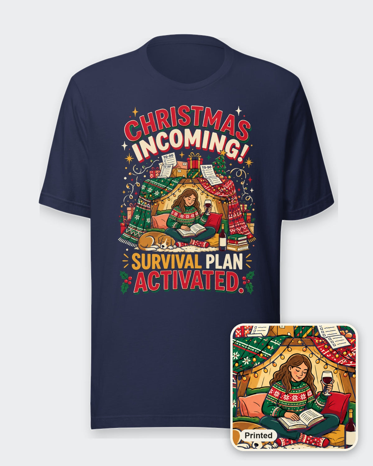 Christmas Incoming: Survival Plan tee in Navy, printed design on the front, with a close-up of the print