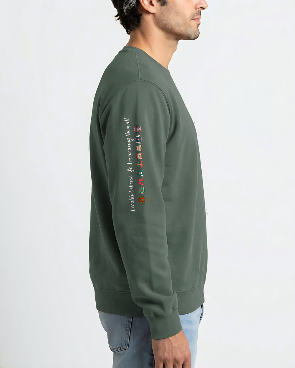 Couldn't Choose sleeve sweatshirt in Blue Spruce, worn, side view with the print running down the right sleeve
