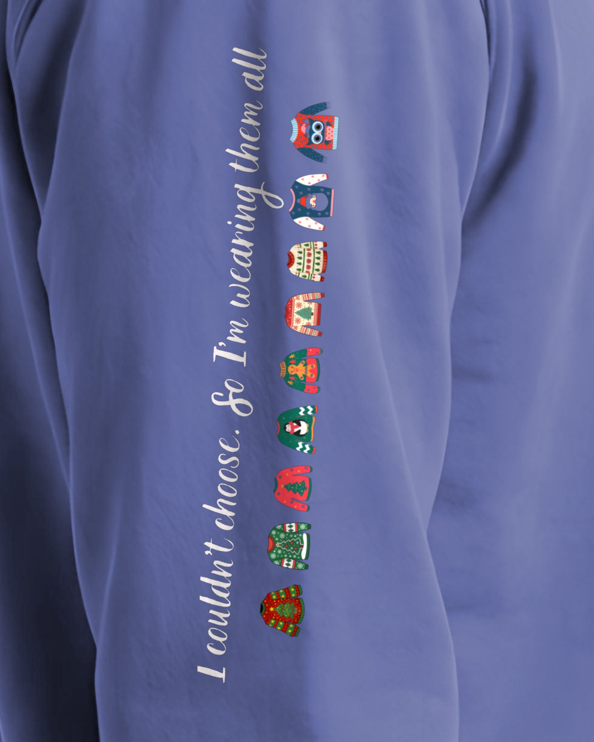Couldn't Choose sleeve sweatshirt in Flo Blue, right sleeve