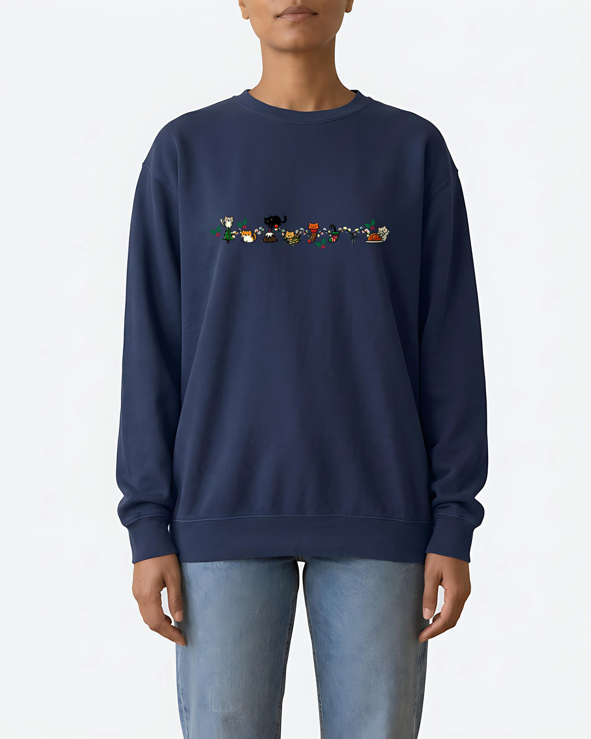 Cozy Catty Christmas garment-dyed sweatshirt in True Navy, worn, front view