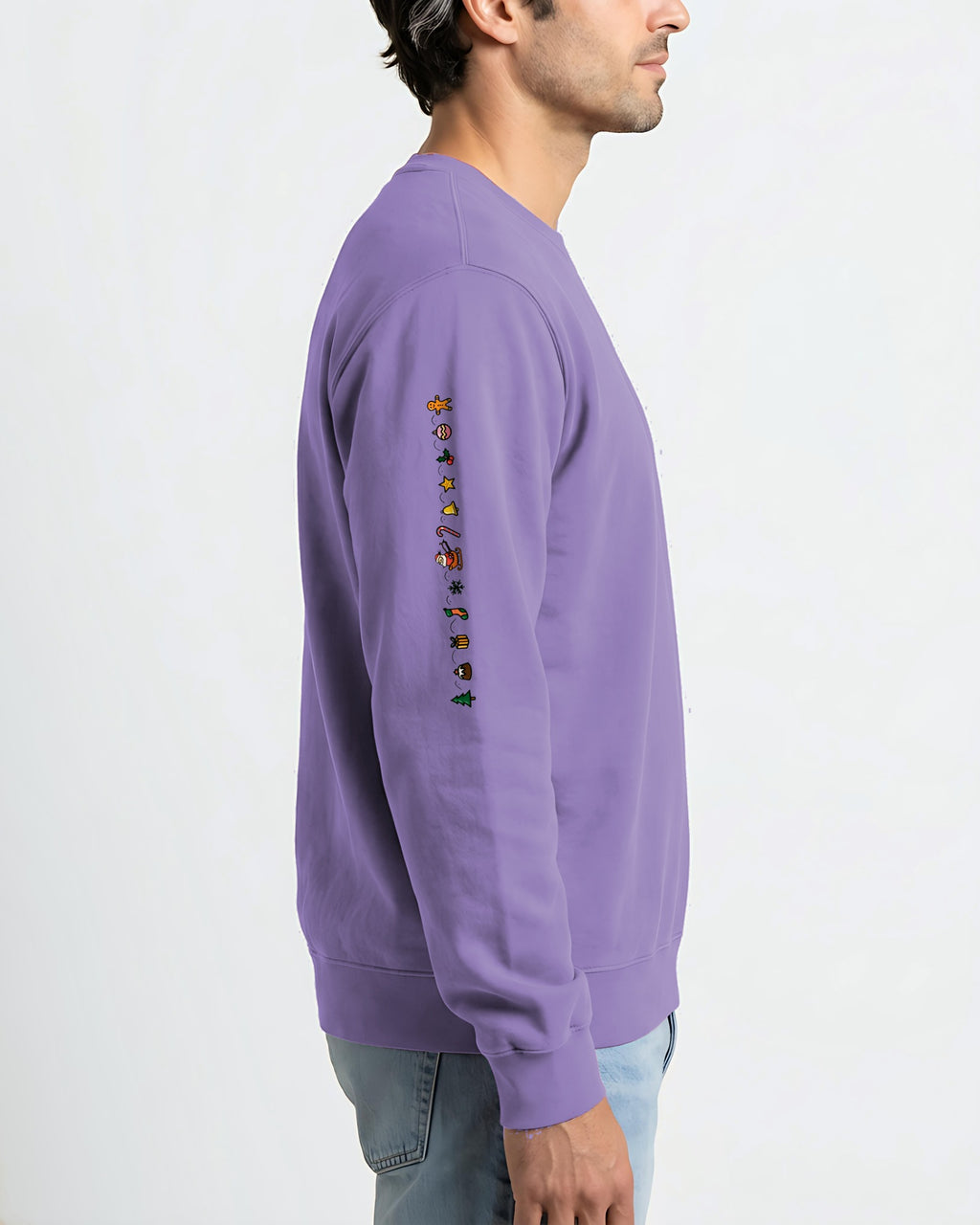 Cozy Christmas sleeve sweatshirt in Violet, worn, side view with the print running down the right sleeve