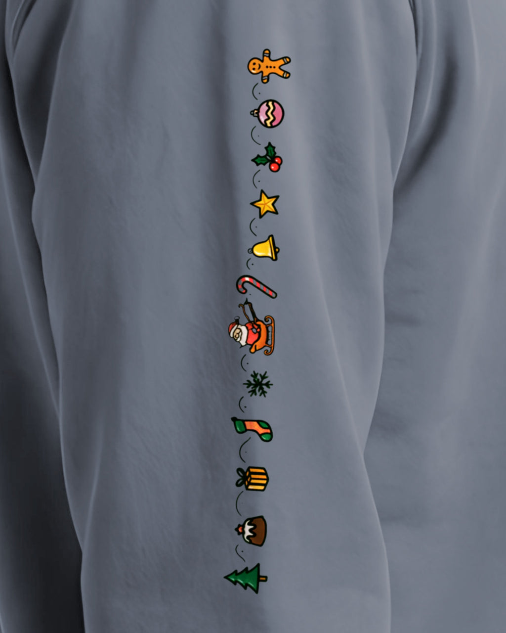 Cozy Christmas Sleeve sweatshirt in Blue Jean, right sleeve