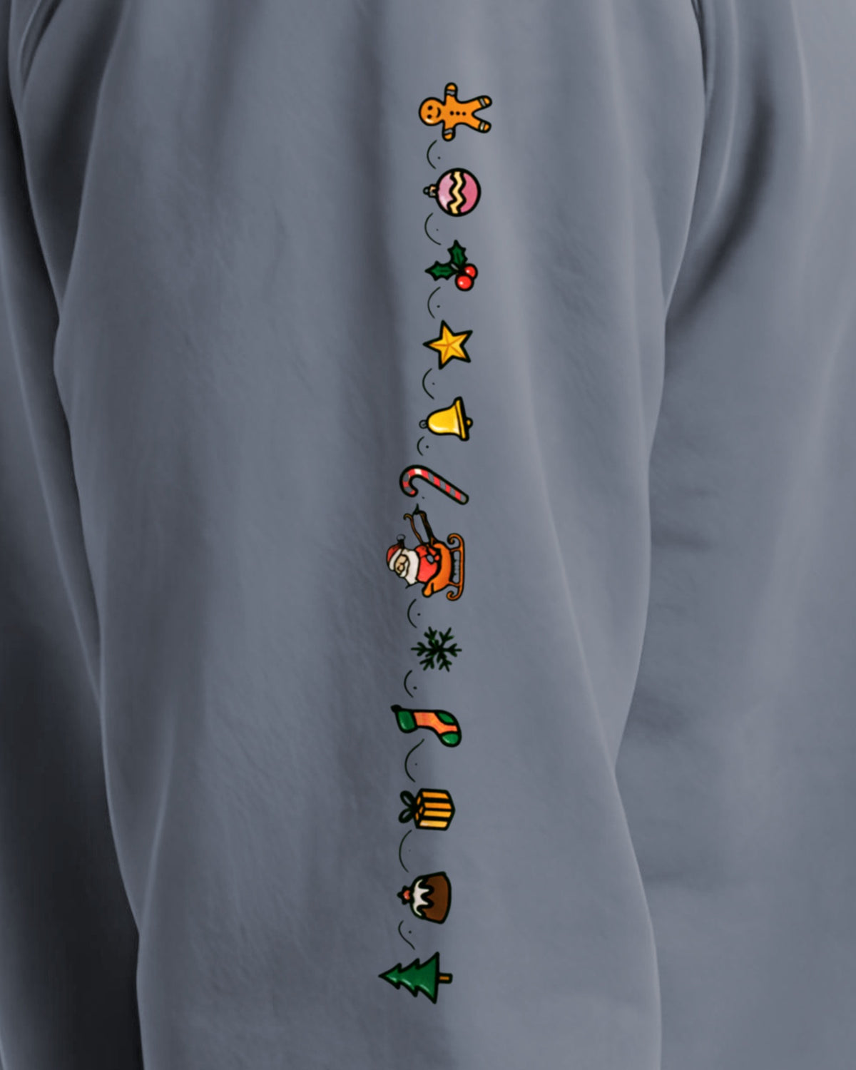 Cozy Christmas Sleeve sweatshirt in Blue Jean, right sleeve