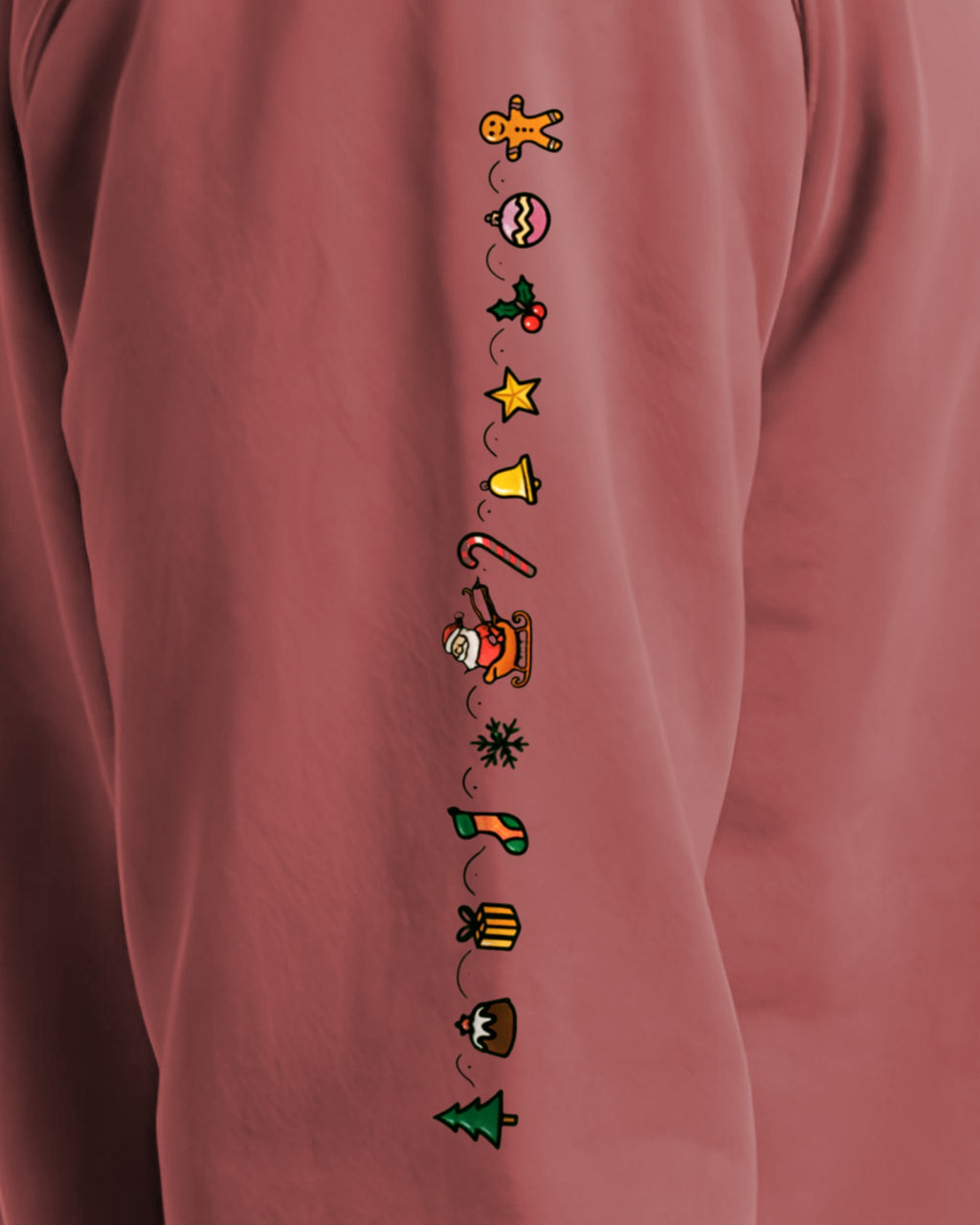 Cozy Christmas Sleeve sweatshirt in Crimson, right sleeve