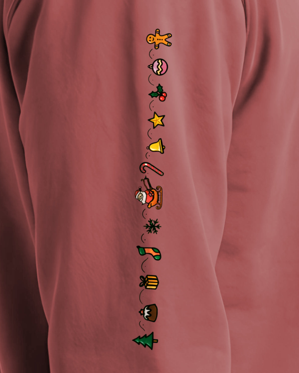 Cozy Christmas Sleeve sweatshirt in Crimson, right sleeve