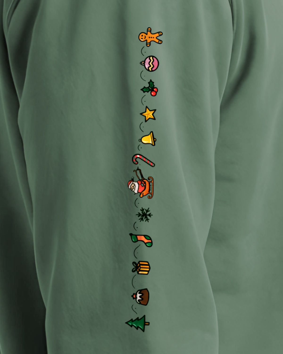 Cozy Christmas Sleeve sweatshirt in Light Green, right sleeve