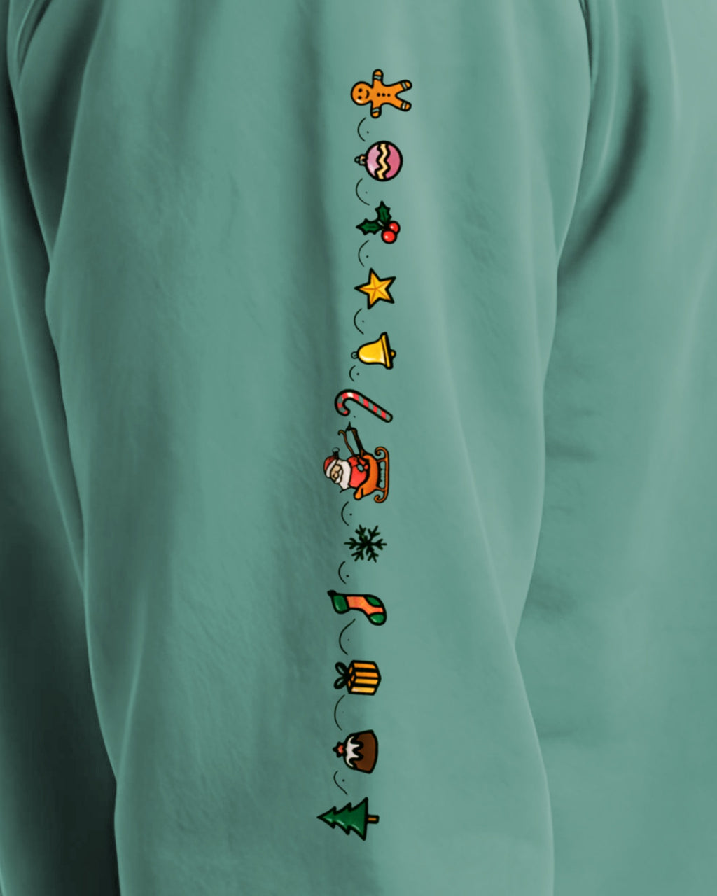 Cozy Christmas Sleeve sweatshirt in Seafoam, right sleeve