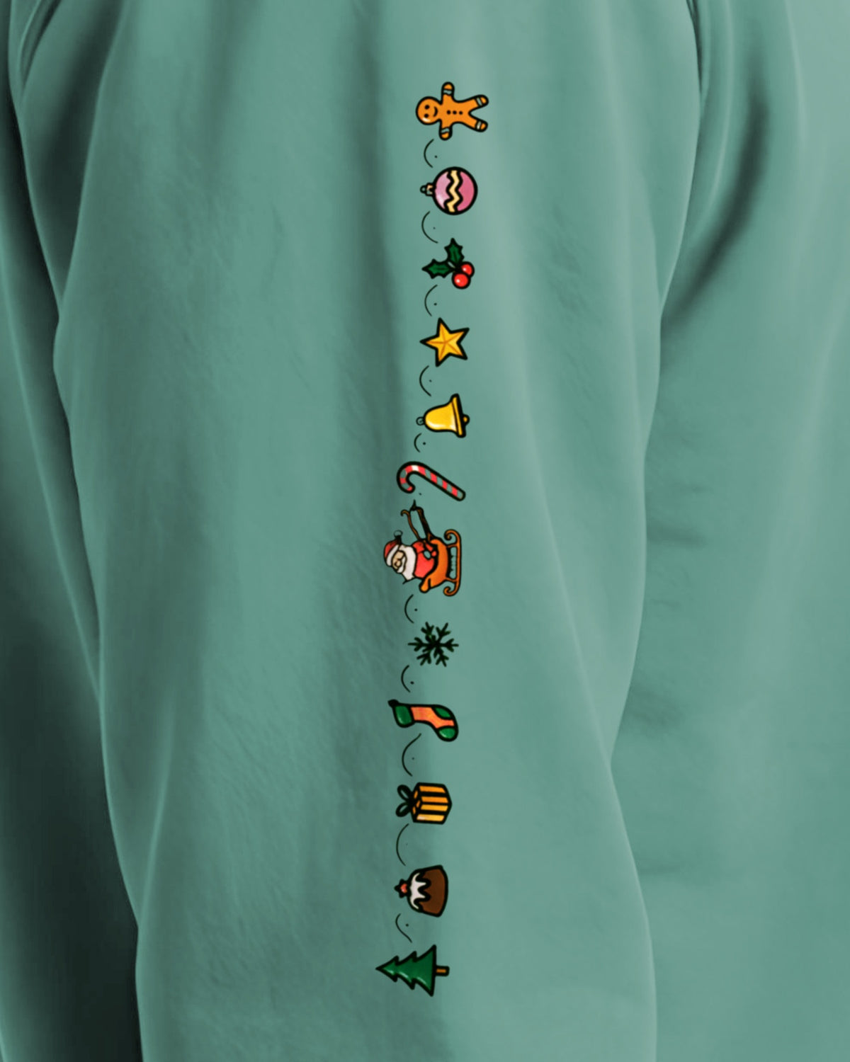 Cozy Christmas Sleeve sweatshirt in Seafoam, right sleeve