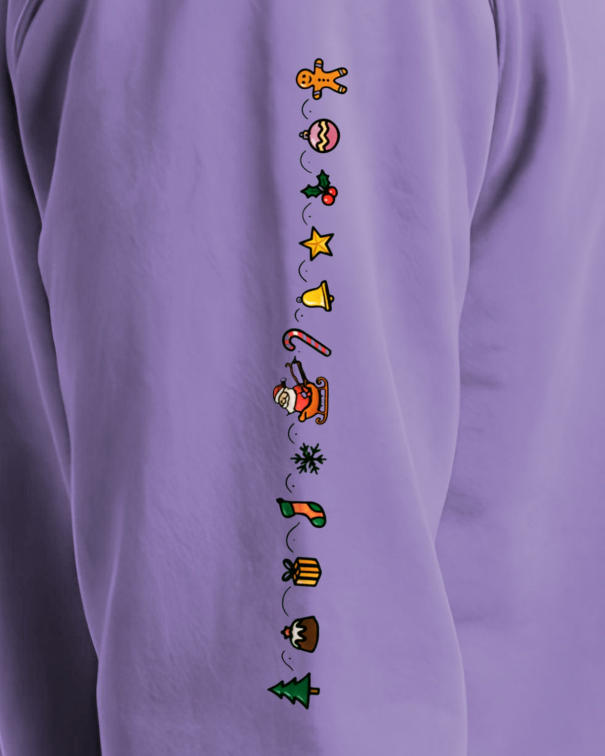 Cozy Christmas Sleeve sweatshirt in Violet, right sleeve