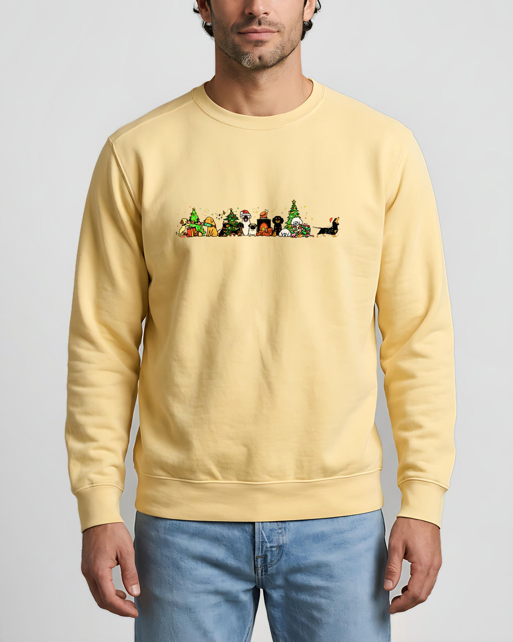 Doggie Christmas Chaos garment-dyed sweatshirt in Butter, worn, front view