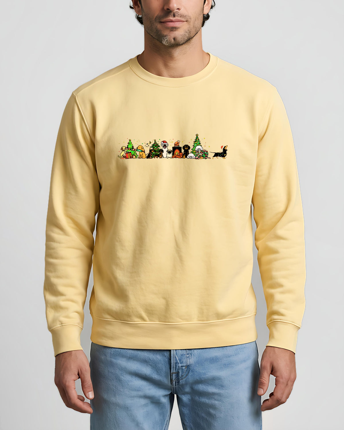 Doggie Christmas Chaos garment-dyed sweatshirt in Butter, worn, front view