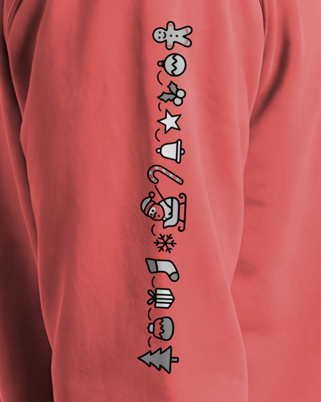 Understated Christmas Sleeve sweatshirt, close-up of the right sleeve print
