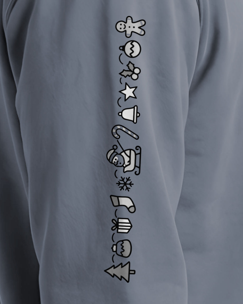 Understated Christmas Sleeve sweatshirt in Blue Jean, right sleeve