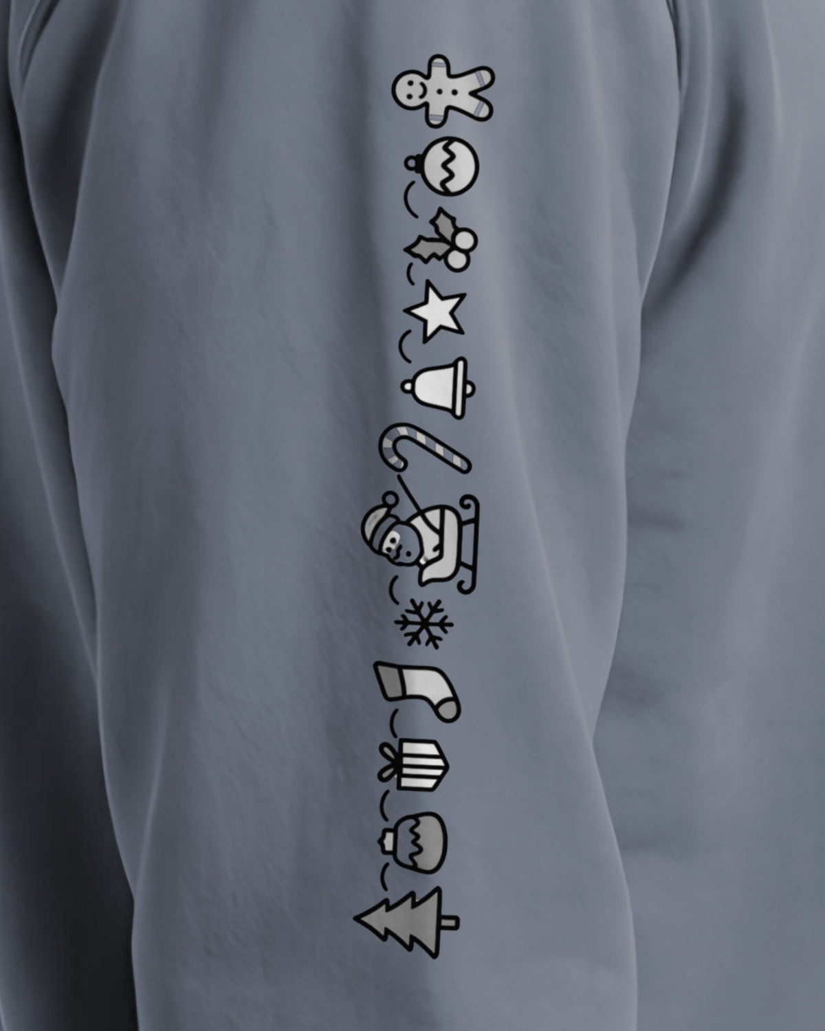 Understated Christmas Sleeve sweatshirt in Blue Jean, right sleeve
