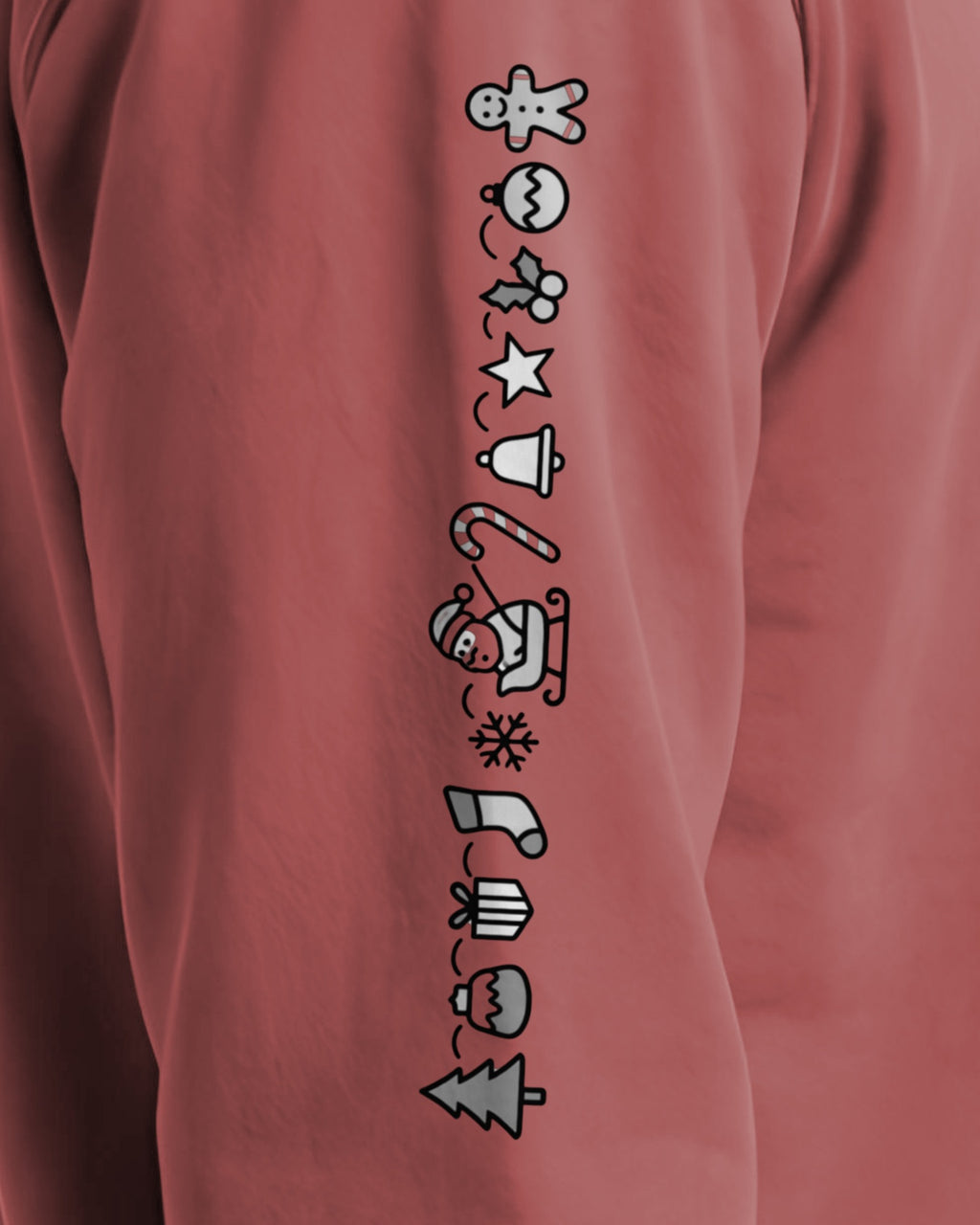 Understated Christmas Sleeve sweatshirt in Crimson, right sleeve