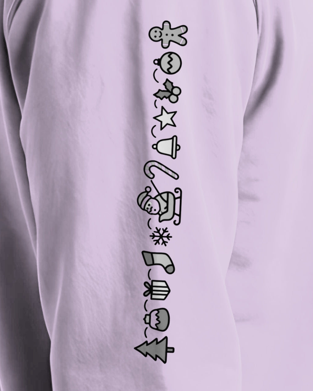 Understated Christmas Sleeve sweatshirt in Orchid, right sleeve