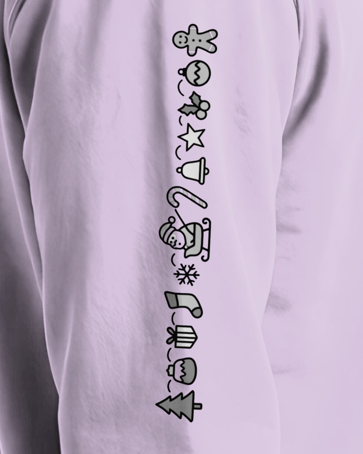 Understated Christmas Sleeve sweatshirt in Orchid, right sleeve