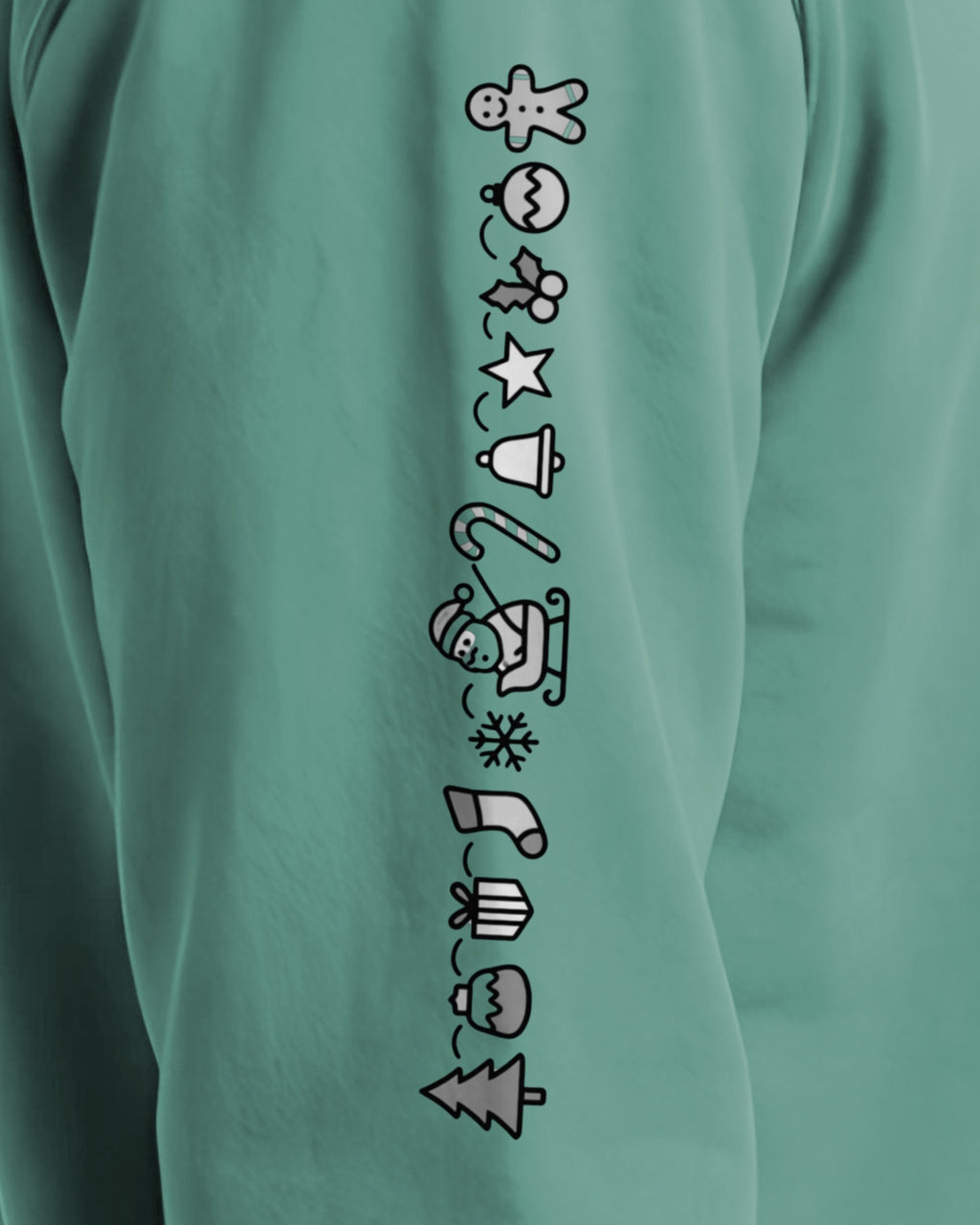 Understated Christmas Sleeve sweatshirt in Seafoam, right sleeve