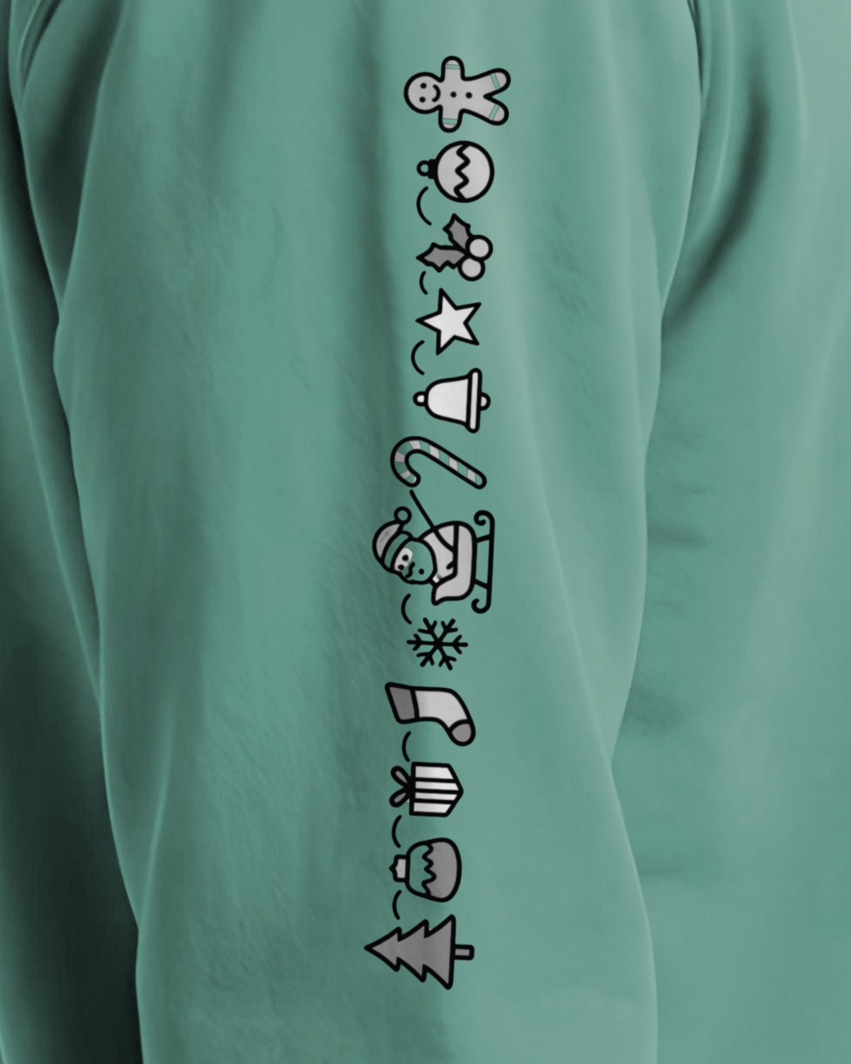 Understated Christmas Sleeve sweatshirt in Seafoam, right sleeve