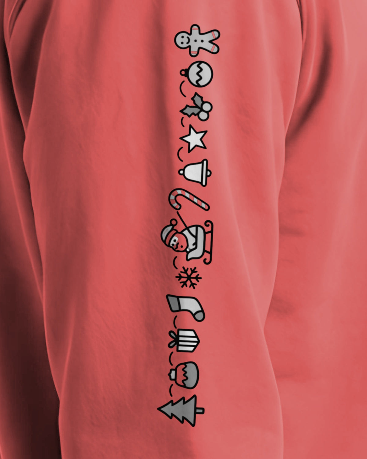 Understated Christmas Sleeve sweatshirt in Watermelon, right sleeve