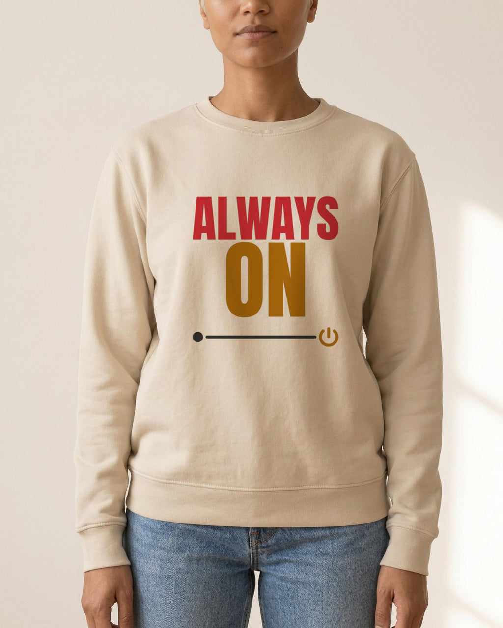 Always On organic sweatshirt in Desert Dust, worn, front view