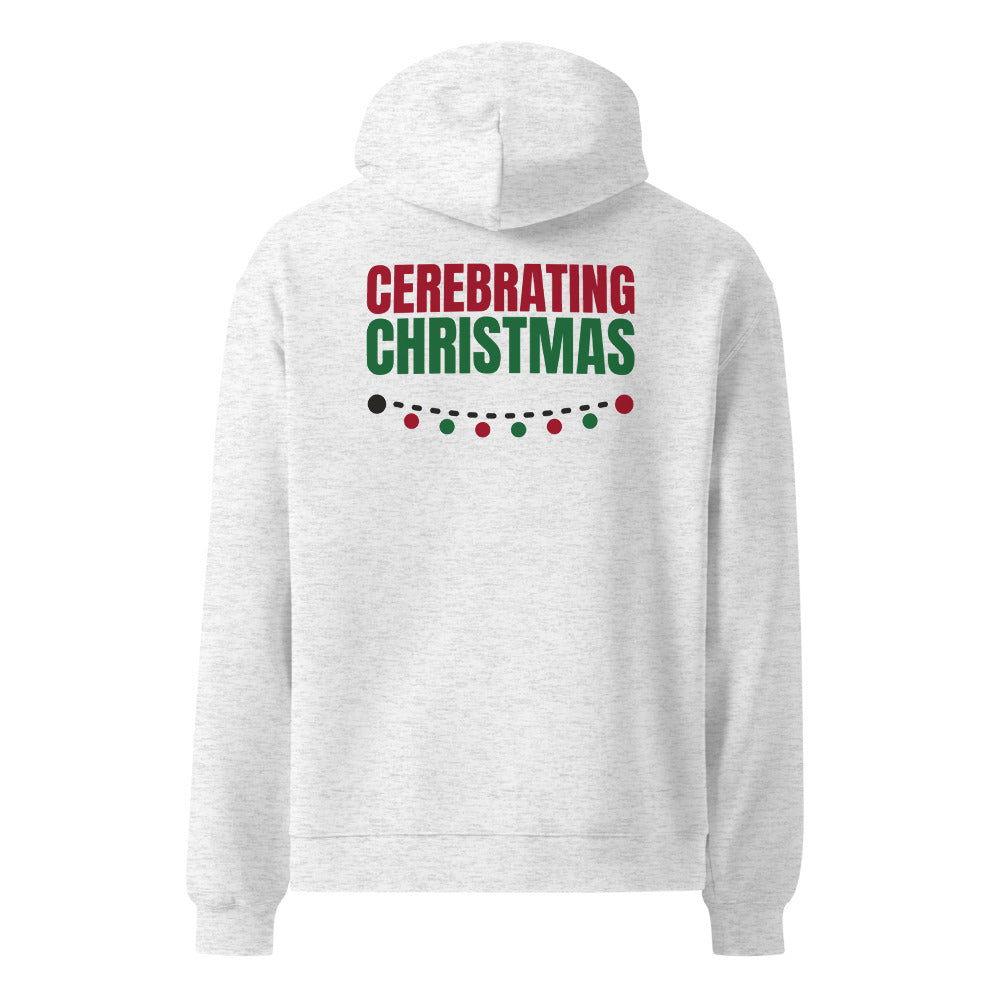 Cerebrating Christmas oversized hoodie in White Heather, back print