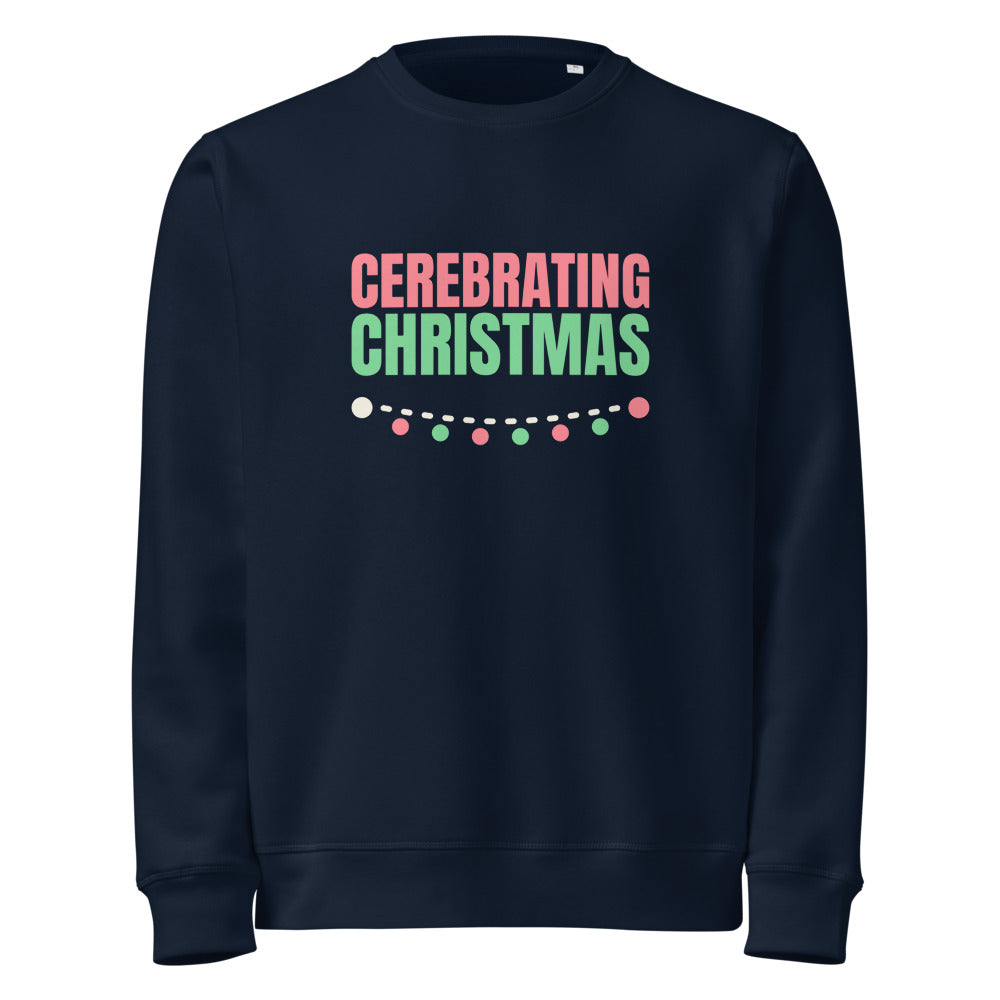 Cerebrating Christmas organic sweatshirt in French Navy, front