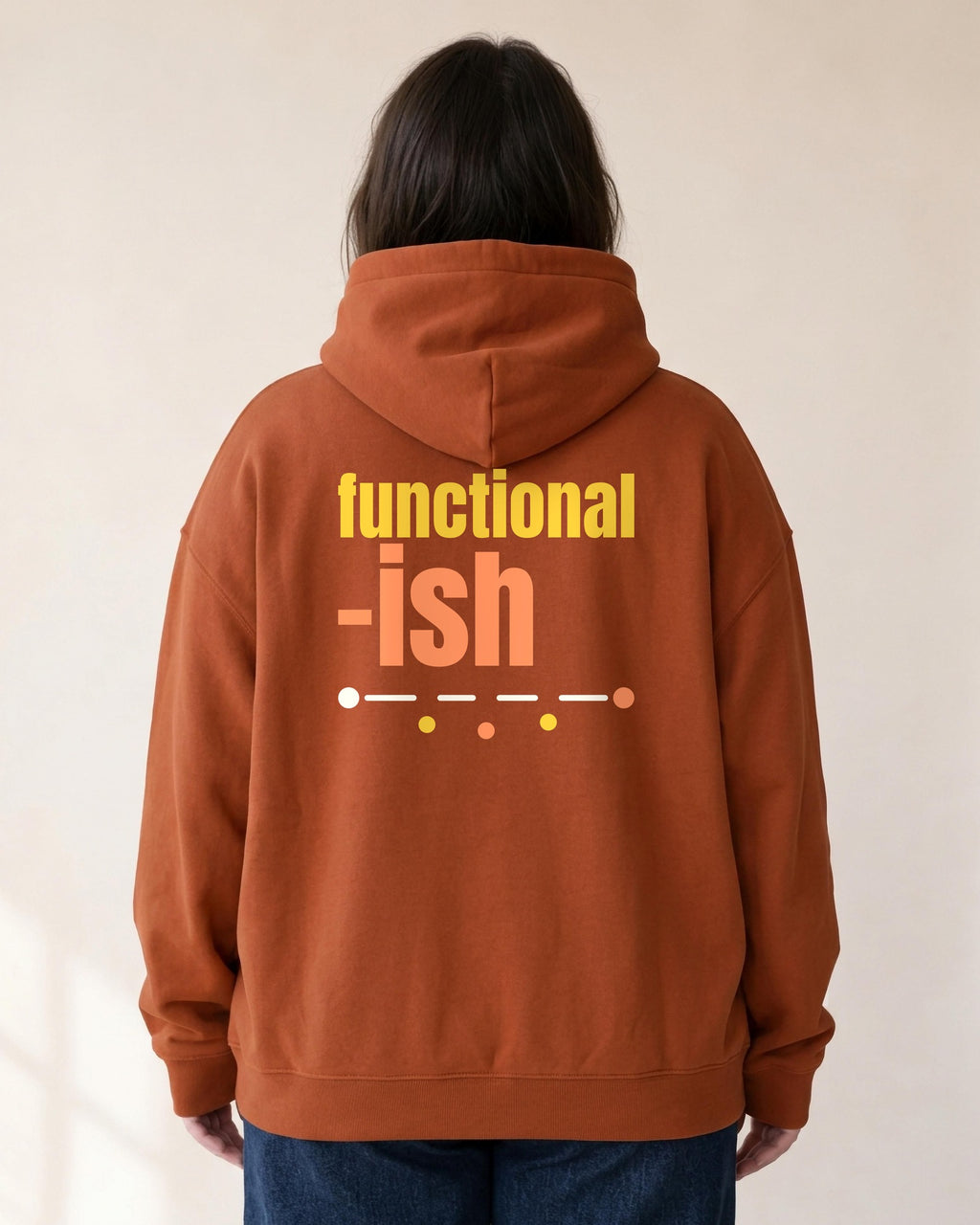 Functional-ish oversized hoodie in Clay, worn, back view showing the back print