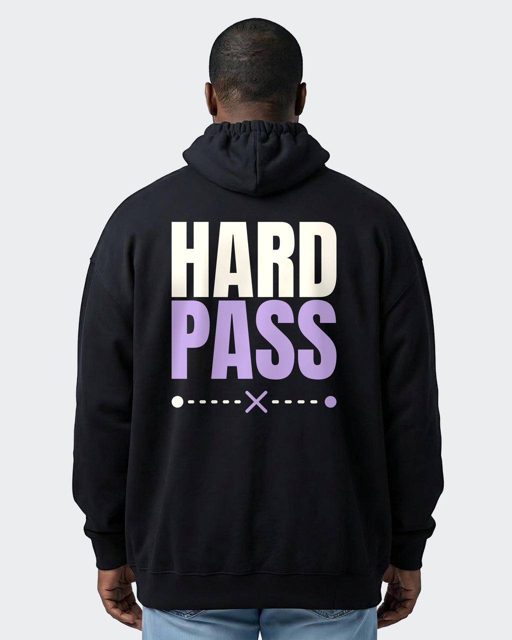 Hard Pass oversized hoodie in Black, worn, back view showing the back print