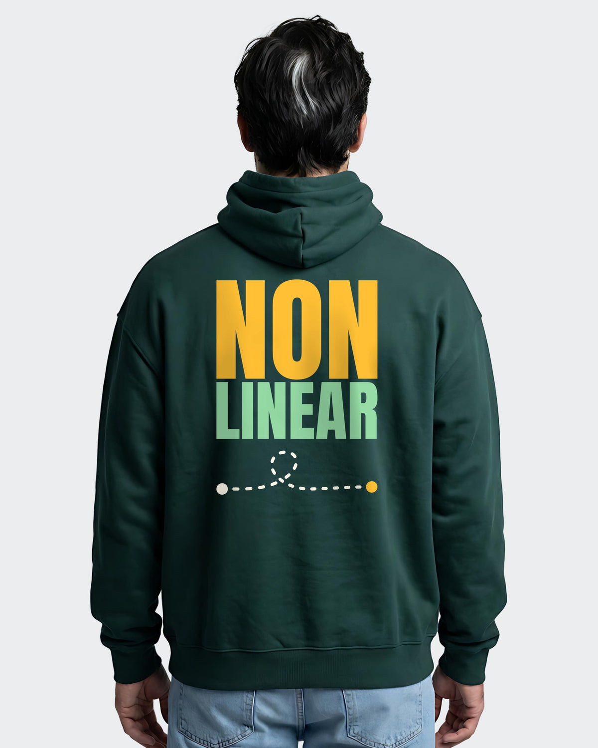 Non Linear oversized hoodie in Pine Green, worn, back view showing the back print
