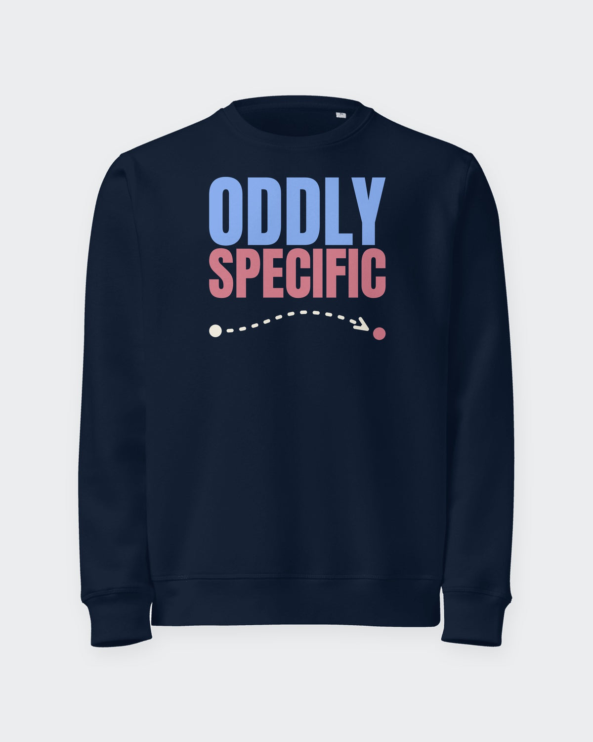 Oddly Specific organic sweatshirt in French Navy, laid flat