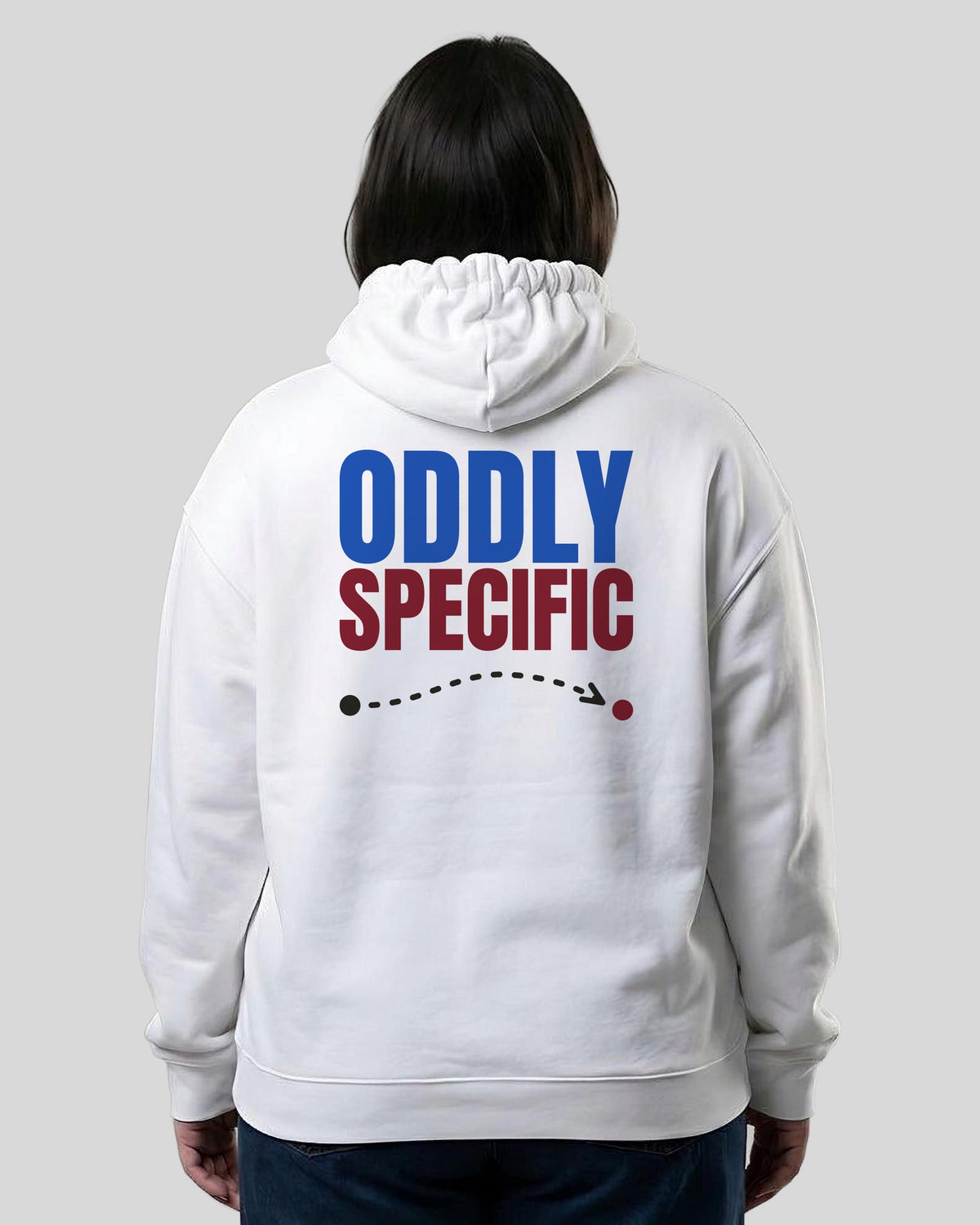 Oddly Specific oversized hoodie in White, worn, back view showing the back print