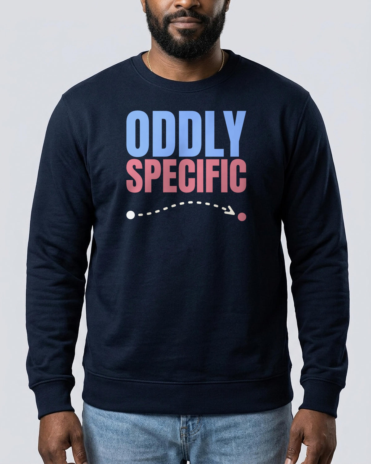 Oddly Specific organic sweatshirt in French Navy, worn, front view