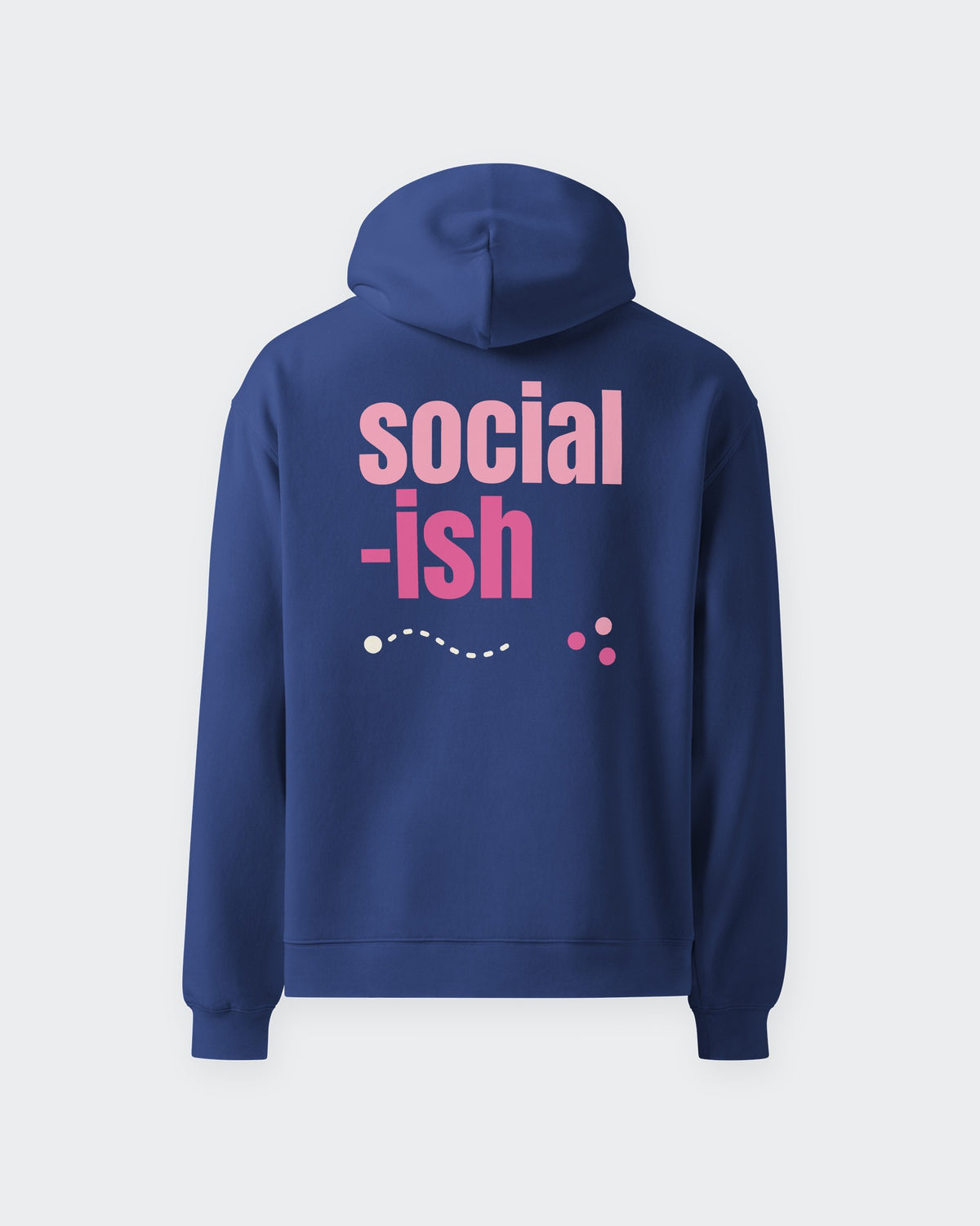 Social-ish oversized hoodie in Cobalt, back print, laid flat