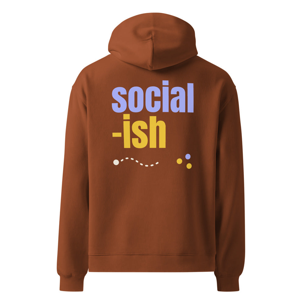 Social-ish oversized hoodie in Clay, back view, indigo and yellow print