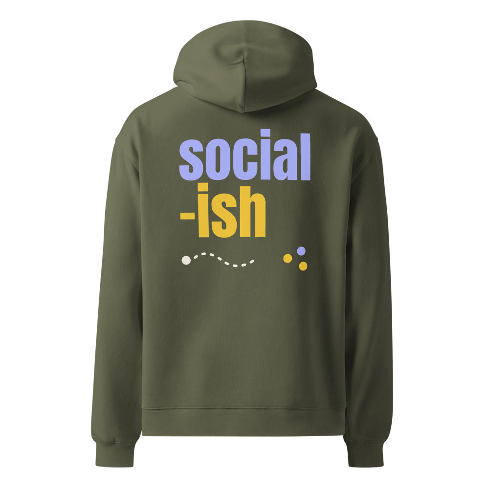 Social-ish oversized hoodie in Cypress, back view, indigo and yellow print