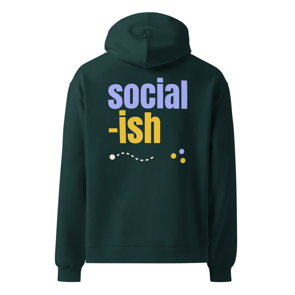 Social-ish oversized hoodie in Pine Green, back view, indigo and yellow print