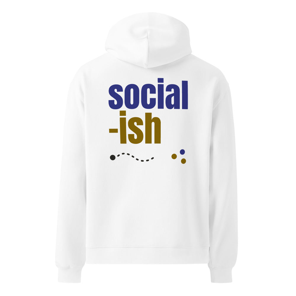 Social-ish oversized hoodie in White, back view, indigo and mustard print