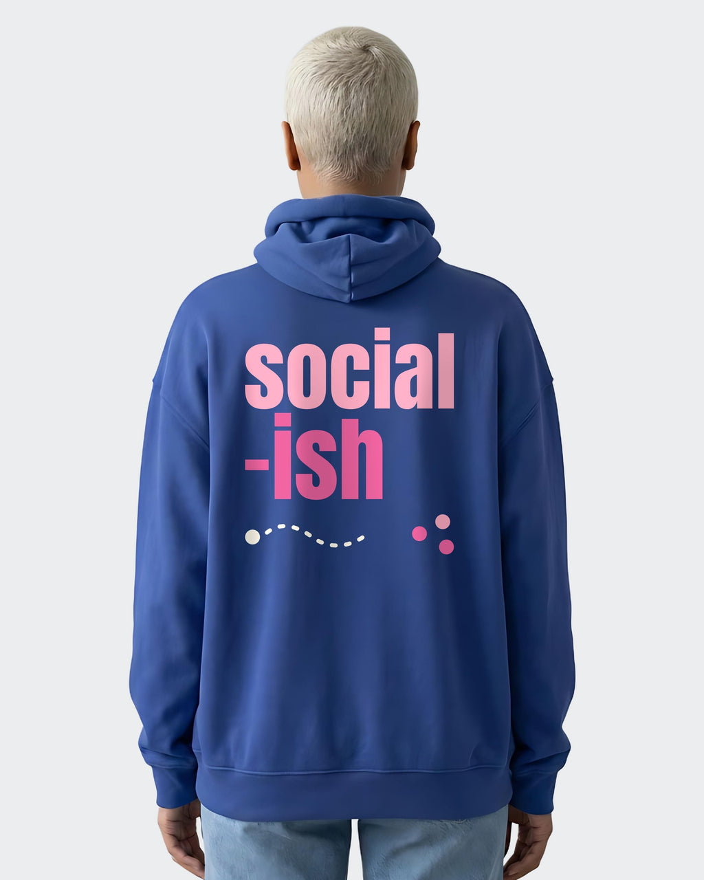 Social-ish oversized hoodie in Cobalt, worn, back view showing the back print