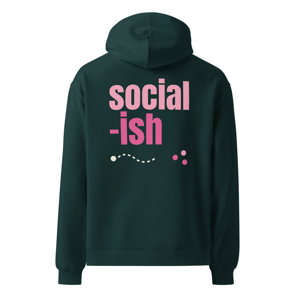 Social-ish oversized hoodie in Pine Green, back view